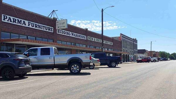 Parma Furniture and historic storefronts along Main Street in downtown Parma Idaho